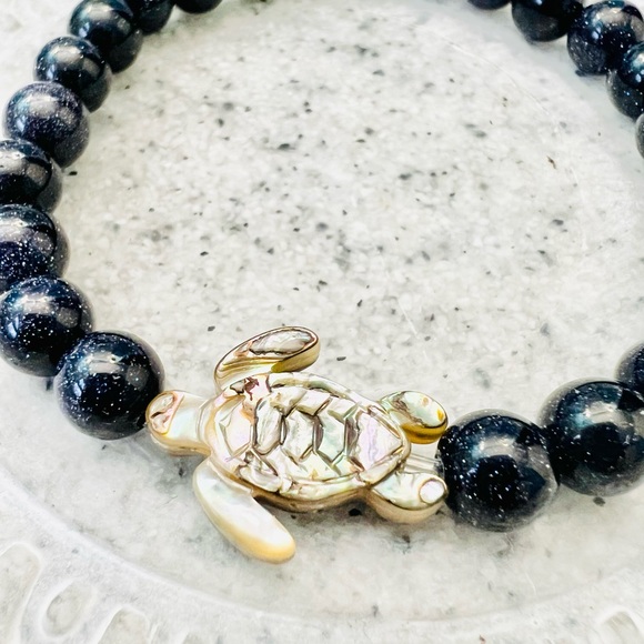Abalone Turtle Blue Goldstone Bracelet Handmade by Wandering Bunny Shop LLC - Picture 3 of 10